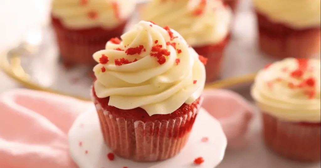 Delicious homemade red velvet cupcakes with creamy cream cheese frosting, garnished with chocolate shavings and fresh strawberries, perfect for special occasions and indulgent treats.